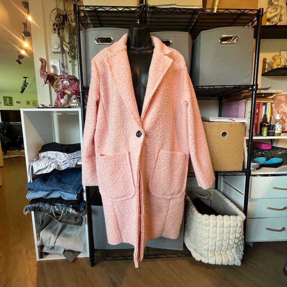 Women's Pink Teddy Coat - Single Button Long Plush Jacket